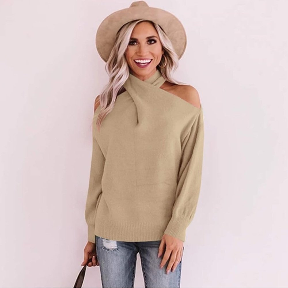 Women's Beige Khaki Off-Shoulder Halter Neck Crossed V-Neck Sweater